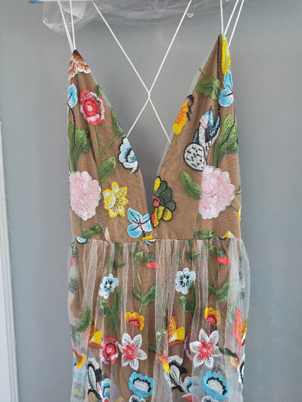 Embroidered Floral Sheer Maxi Dress in Tan with Multicolor Blooms